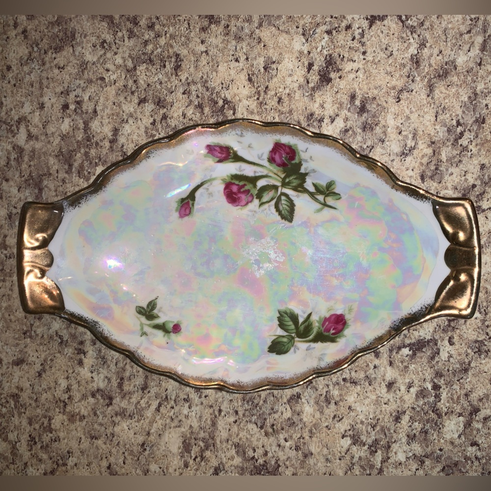 Antique Norcrest Fine China Mr Moss Ross Pink Iridescent Gold Edge Dish EC